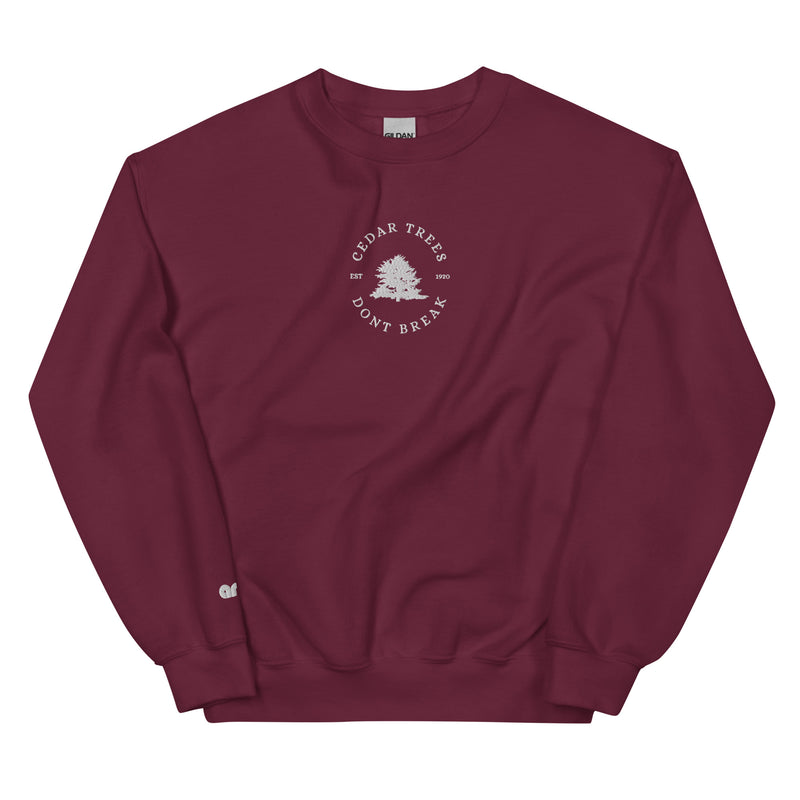 Cedar Trees Don't Break Crew Maroon front