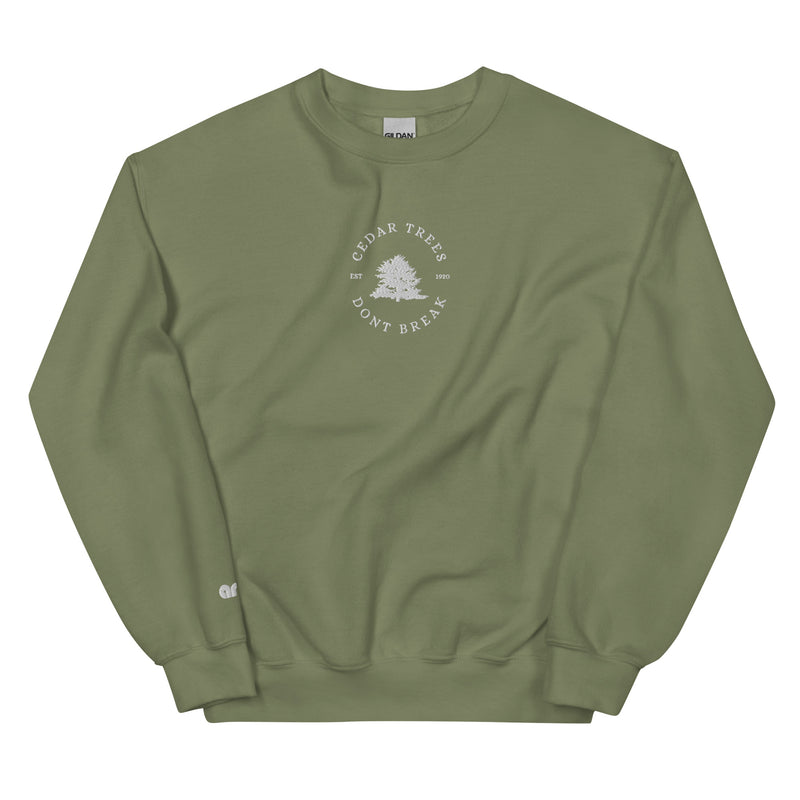 Cedar Trees Don't Break Crew Military Green front